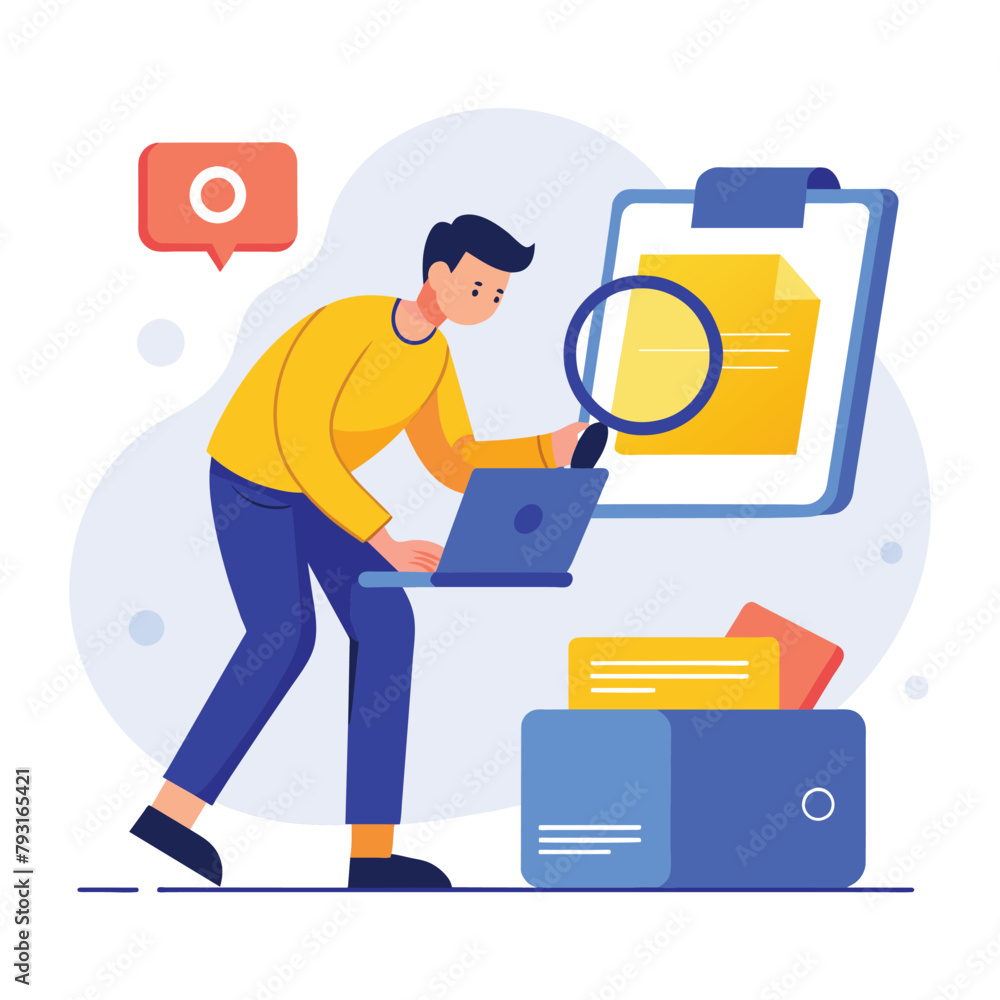 Poster a man examining an object through a magnifying glass, file searching on storage, simple and minimali