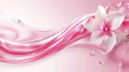   A pink background featuring a white flower and water drops at the bottom
