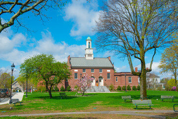 Tewksbury Town Hall in spring at 1009 Main Street on Town Common in historic town center of Tewksbury, Middlesex County, Massachusetts MA, USA. 