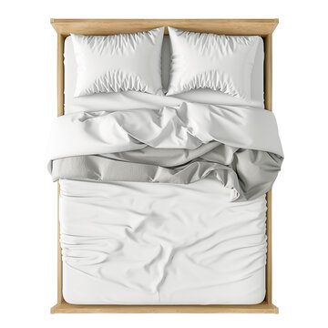 Wooden Double Bed With White Bedclothes. Floorplan Top View. Interior Design Mock-up. Ai Generative
