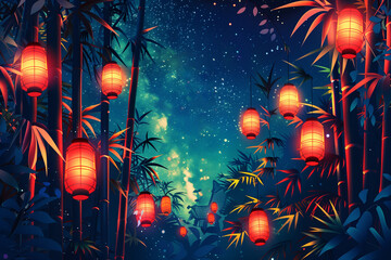 Night Scene With Lanterns and Stars