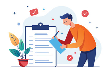 A man sitting at a desk writing on a clipboard next to another clipboard with a checklist on it, Fill in manual data, Simple and minimalist flat Vector Illustration