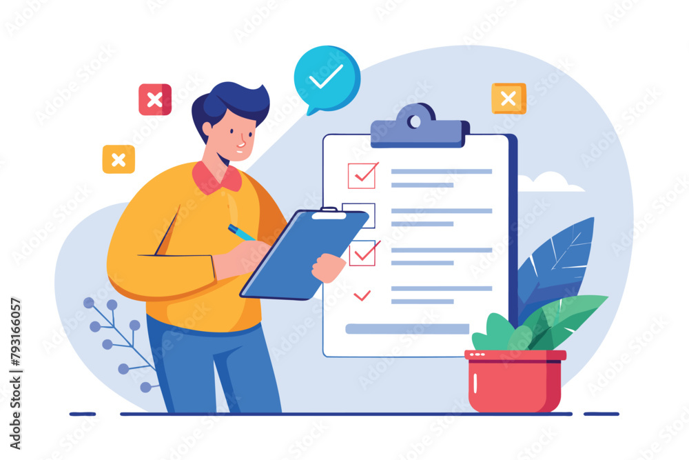 Poster a man sits writing on a clipboard next to another clipboard with a checklist on it, fill in manual d