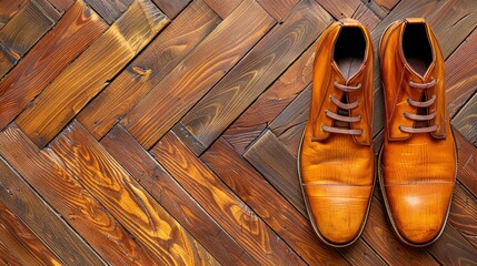   A pair of brown shoes sits atop a wooden floor, beside another pair - obrazy, fototapety, plakaty