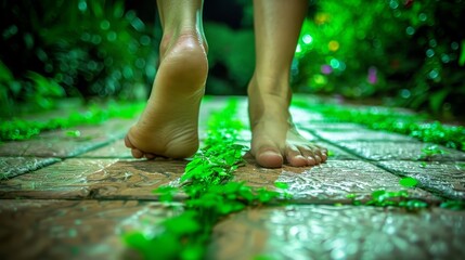   A tight shot of feet, bare and unclad, on a tiled floor Grass, vividly green, sprouts from the ground around them