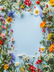 frame around the edges of wild flowers on a light blue background.