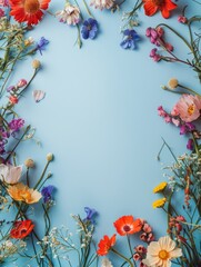 Obraz na płótnie Canvas frame around the edges of wild flowers on a light blue background.