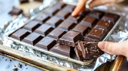   A person places a chocolate piece on tin foil atop a metal pan
