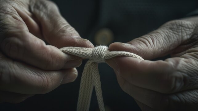   A tight close-up of hands tying a string to a fabric piece against a black backdrop