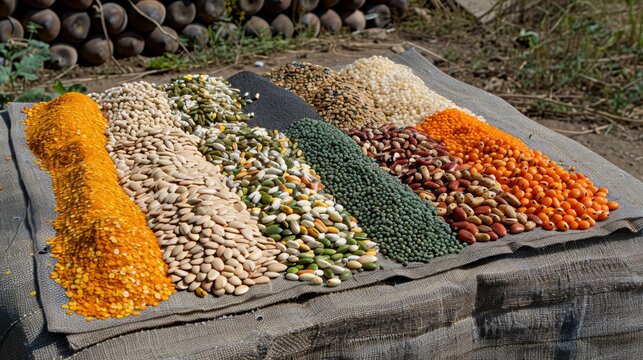   A table laden with various beans and vegetables stands beside a woodpile
