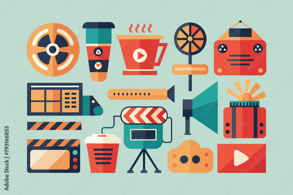Poster various types of objects are arranged on a blue background, film making icon set, simple and minimal