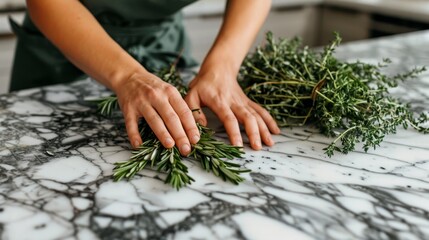   A tight shot of someone prepping a meal on a counter, herbs bunch in hand - obrazy, fototapety, plakaty