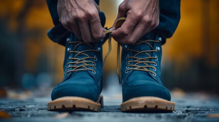   A person is attaching a shoelace to blue boots with contrasting brown laces at the exterior - obrazy, fototapety, plakaty