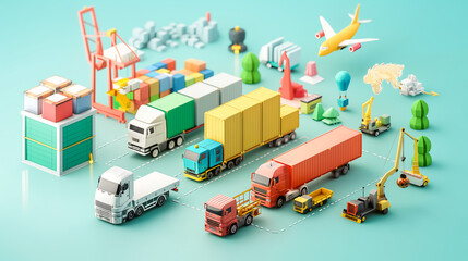 3D illustration of economy and logistics on light green background. Global business logistics import export 