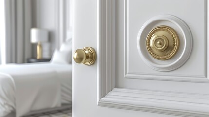   A tight shot of a white door, adorned with a golden handle Inside the room, a pristine white bed against white wall backdrop