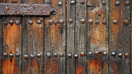   A tight shot of a wooden door adorned with rivets on its exterior