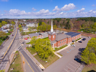 Tewksbury Congregational Church aerial view in spring at 10 East Street on Town Common in historic town center of Tewksbury, Middlesex County, Massachusetts MA, USA. 