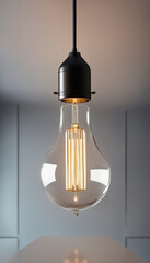 Incandescent light bulb with black fixture and transparent glass against light wall.
