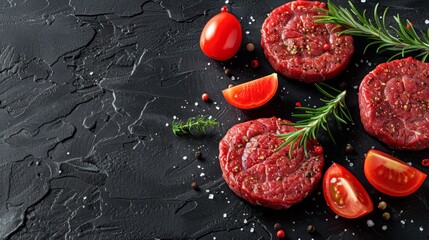   Raw hamburgers with tomatoes and herbs on a black stone backdrop , including ample space for text or an inserted image