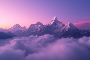   A mountain peak cloaked in clouds, pink sky behind