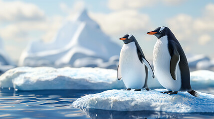 Two penguins on island, ice floes, iceberg on the background	