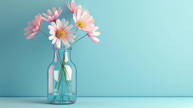   A glass vase, brimming with pink blooms, sits atop a blue table Beyond, a light blue wall serves as a tranquil backdrop