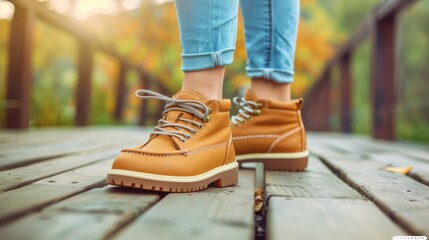   A tight shot of feet in yellow shoes on a wooden deck amidst tree-studded backdrop