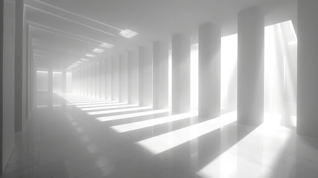   A lengthy line of white columns illuminated by sunlight filtering through windows on the wall