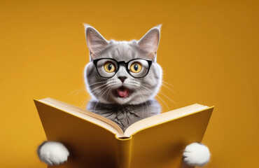 Surprised cat in glasses holding opened book, education concept..