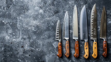   A collection of knives aligned on a gray surface, with one knife positioned centrally among them
