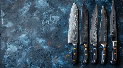   A collection of knives arranged together on a blue-black countertop - obrazy, fototapety, plakaty