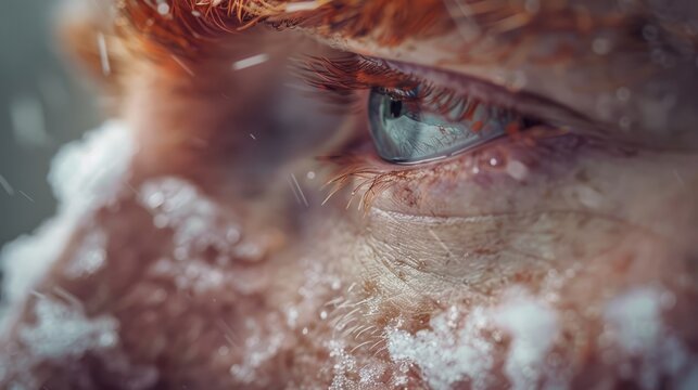   A tight shot of a face, blanketed in snow, reveals a single blue eye peeking from behind