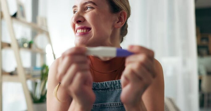 Wow, pregnancy test or happy woman in house with news, celebration and hope at home. Pregnant, smile and girl reading testing kit excited for fertility, ovulation or ivf success, future or motherhood