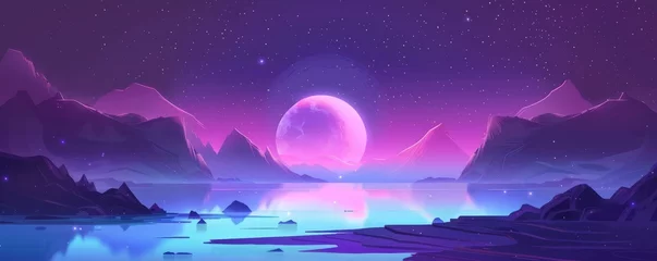 Schilderijen op glas   A purple-blue landscape with mountains, rocks, and a midnight body of water © Jevjenijs