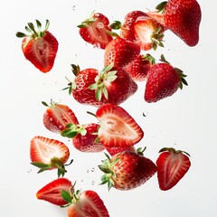   A group of strawberries suspended in mid-air, drizzled with a splash of water atop them