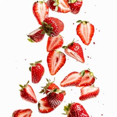   A cluster of strawberries suspended in mid-air, dripping with a splash of water at their base