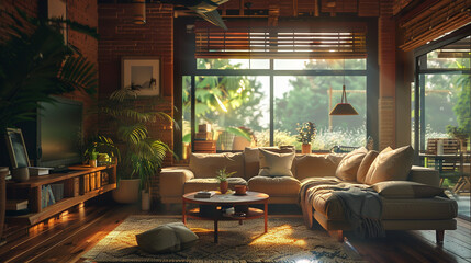 living room design farm house scheme wooden decorate soft light - obrazy, fototapety, plakaty