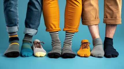   A group of people stand next to one another, feet planted firmly on the ground, socks covering their ankles