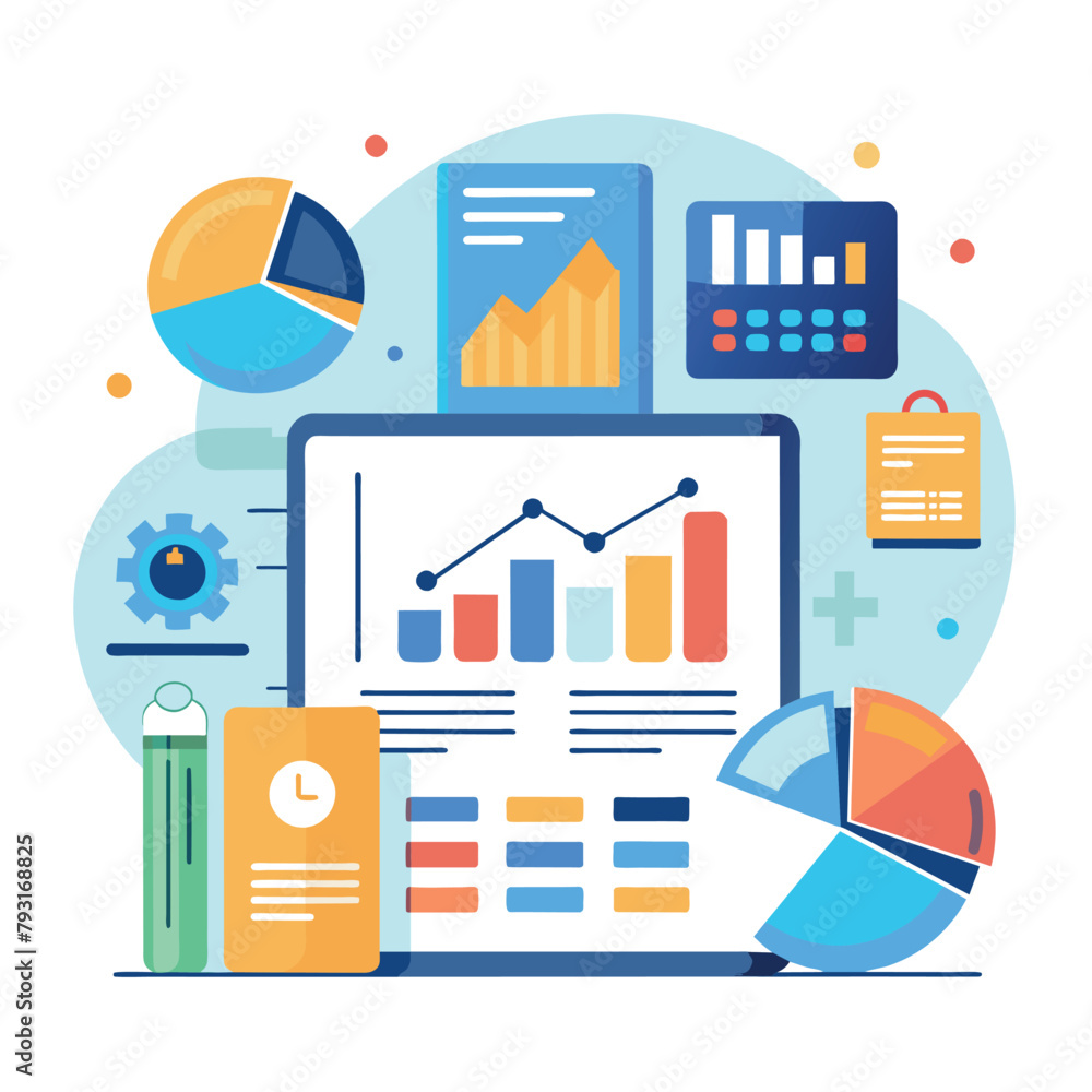 Poster computer screen displaying various graphs and data for financial analysis, financial analysis data r