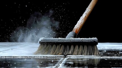   A tight shot of a broom against a wet surface, surrounded by snowflakes falling onto a dark backdrop - obrazy, fototapety, plakaty