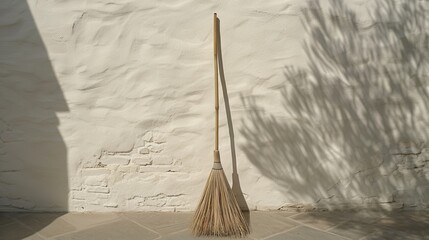   A broom leans against a white wall, casting a tree's shadow upon it Another tree's shadow graces the wall behind it