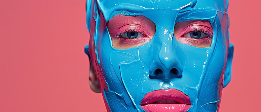   A tight shot of a face painted blue against a pink backdrop