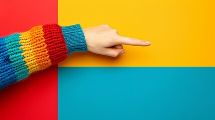   A hand wearing a colorful knitted arm warmer is positioned against a multicolored background The backdrop features distinct stripes of blue, yellow, red, and green - obrazy, fototapety, plakaty