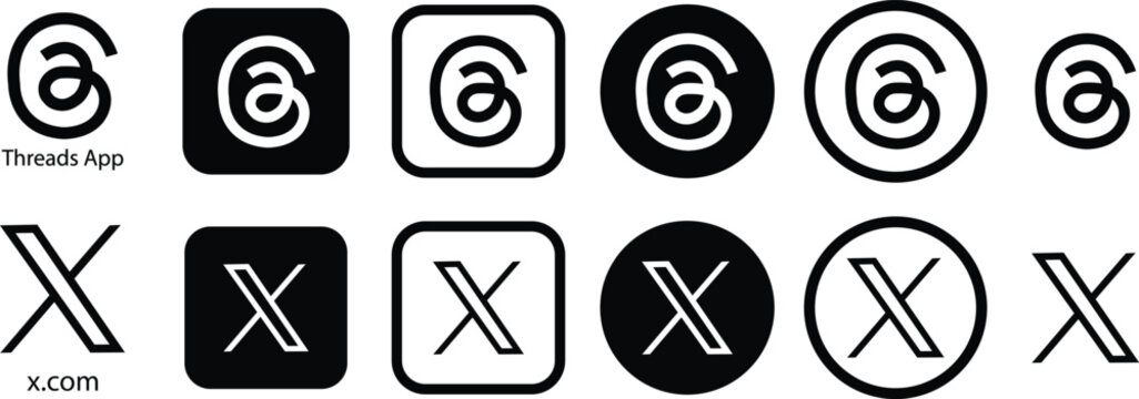 Threads, X, twitter logo icons set. New social media platform. New social network by Meta. Editorial black vector collection isolated on transparent background.
