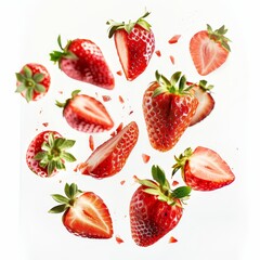   Strawberries in mid-air, falling against a pristine white backdrop A water splash at their base
