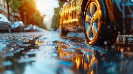   A yellow car drives down a sunlit street, passing through puddles ..On a sunny day, a yellow car journeys along a street dotted with p - obrazy, fototapety, plakaty