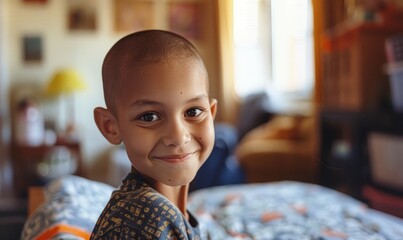 A smiling kid boy in cancer hospital