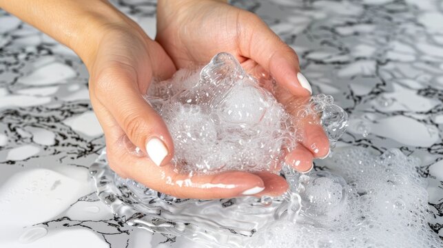   A tight shot of hands over a marble countertop, holding a mound of ice cubes