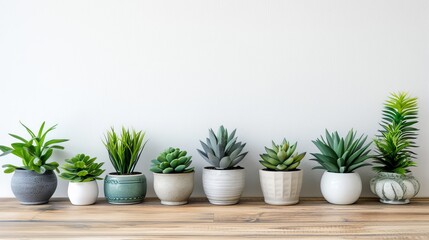   A row of potted plants aligned on a wooden table, facing a white wall