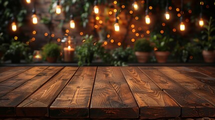 Decorative blurred restaurant lights behind a wooden table. - obrazy, fototapety, plakaty